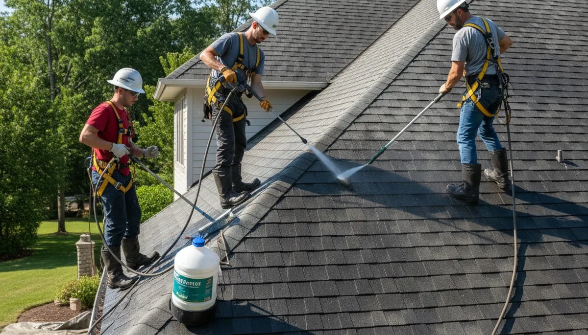 Austin, TX roof cleaning service removing algae and grime from a home roof by FX Remodeling & Exteriors